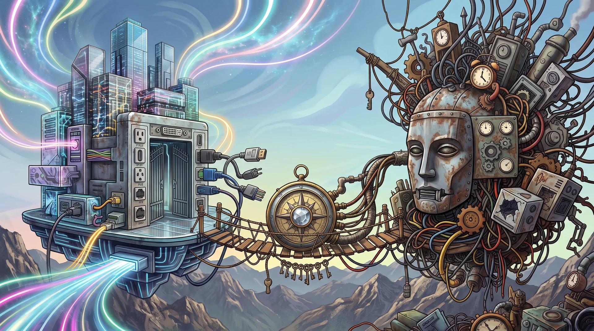 Bridge linking a modern business system to a tangled legacy machine, illustrating software integration without an API