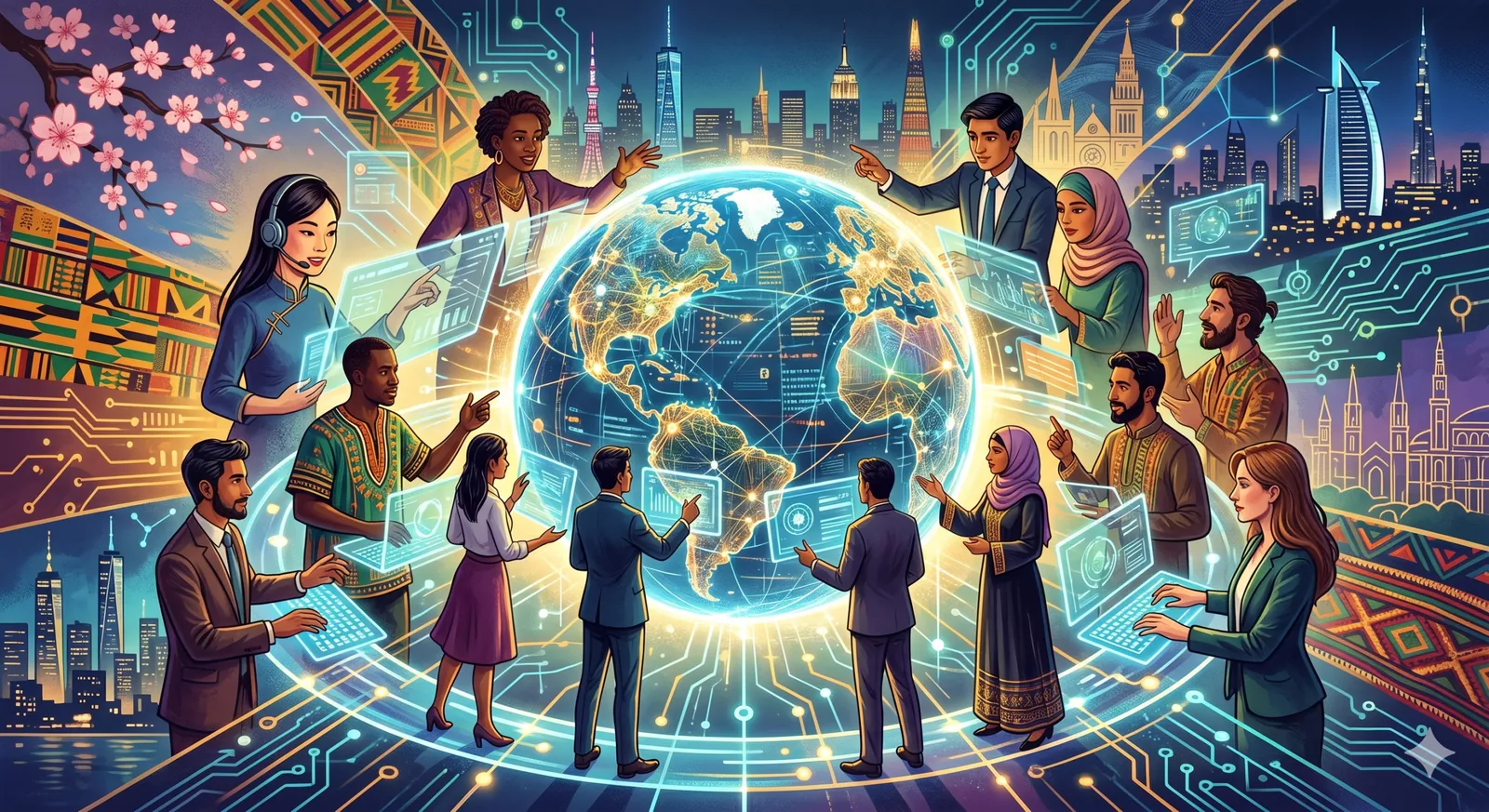 People from different cultures collaborating around a connected digital globe
